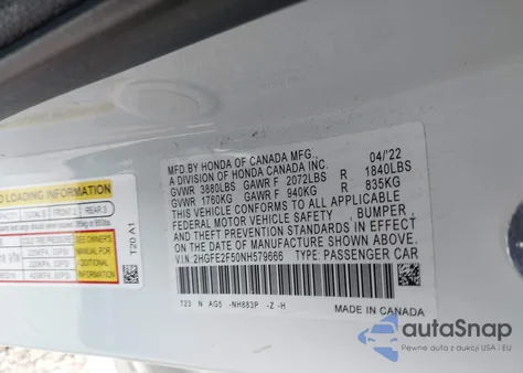 2022 Honda Civic Sport from USA, damaged, VIN 2HGFE2F50NH579666